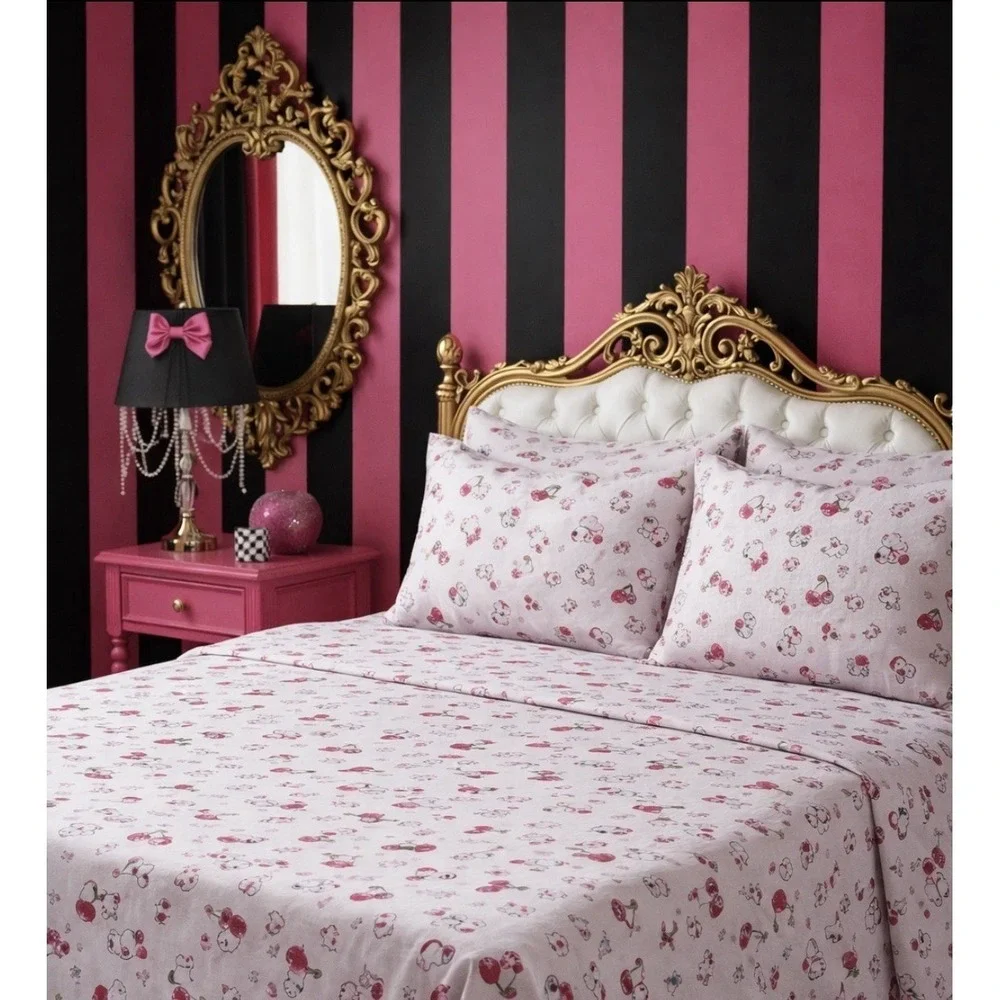 Betsey Johnson Cherry Bow Dice Sheet Set Queen Pink Coquette Bedding 4pc